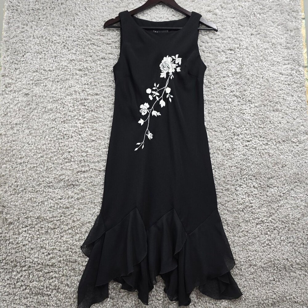 S.L. Fashions Dress Women 6 Black Polyester‎ Floral Embroidered Ruffle Y2K
